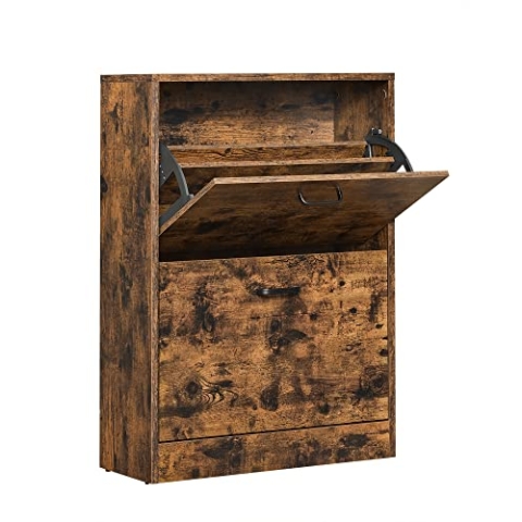 VASAGLE Schuhschrank mit 2 Klappen, Schuhkipper, Trennwände verstellbar und abnehmbar, für 12 Paar Damenschuhe oder 8 Paar Herrenschuhe, kleiner Flur, 60 x 24 x 83,5 cm, Vintage, dunkelbraun LBC02BX