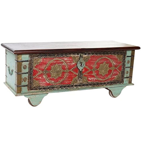 DKD Home Decor Orientalische Truhe Messing Mangoholz (116 x 40 x 45 cm)