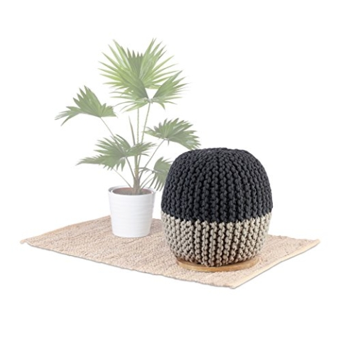 Native Home Pouf Hocker, 2 in 1, Beistelltisch & Sitzhocker, rund, Mangoholz, Strick-Design, HxBxT 40 x 40 x 40 cm, grau