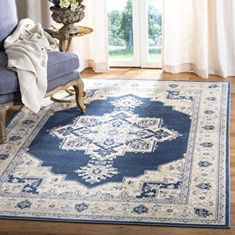 SAFAVIEH Traditionell Teppich für Wohnzimmer, Esszimmer, Schlafzimmer - Brentwood Collection, Kurzer Flor, Marine und Creme, 183 X 274 cm