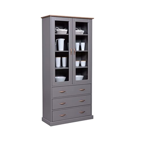 Inter Link – Vitrinenschrank – Buffet-Schrank - Geschirrschrank - Esszimmerschrank - Landhausstil – Massivholz FSC – 2 Türen – 3 Schubladen – Luzerna 10 – Grau