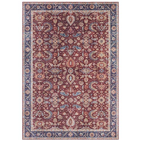 Nouristan Asmar Teppich – Wohnzimmerteppich Orient-Touch Detailiertes Muster Florales Kurflor Flachgewebe Teppich für Esszimmer, Wohnzimmer, Schlafzimmer – Bordeauxrot, 80x200cm