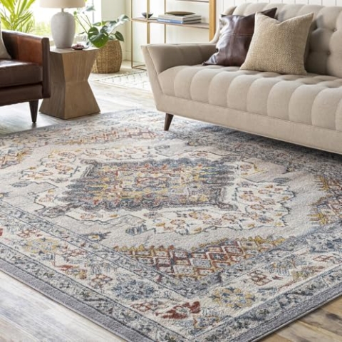 Livabliss Casablanca Vintage Teppich groß - Teppich Wohnzimmer 140x200 cm, Esszimmer, Schlafzimmer - Orientalischer Teppich Boho Style - Carpet Living Room, Bunter Muster, Taupe, Blau und Grau