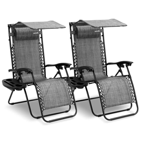 SereneLife 2er Set Sonnenliege Klappbar, Gartenliege Wetterfest, für Sauna, Bäder & Camping, Klappstuhl mit Sonnendach, Beistelltisch & Getränkehalter, Robuster Deckchair bis 120 KG Belastbar, Grau