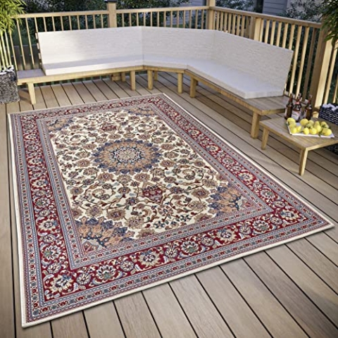 Hanse Home Kadi In- & Outdoor Teppich Orientalisch – Orient Flachgewebe, Orientalisches Design Klassisch, ÖKO-TEX Wetterfest & UV-beständig für Balkon, Terrasse, Garten – Creme Rot, 120x180cm