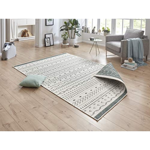 NORTHRUGS In- und Outdoor Teppich Kuba 160x230cm - Wendeteppich Wetterfest Boho Design Ethno Muster Läufer für Balkon Terrasse Garten Wintergarten Wohnzimmerteppich Wasserfest in Grün Creme