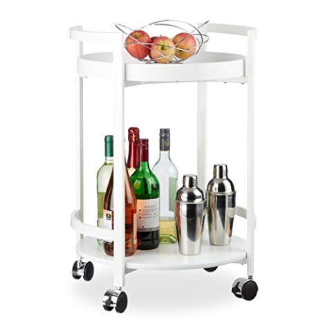 Relaxdays Servierwagen Holz, Teewagen, Rollwagen, rund, Ablage, mit Serviertablett, 2 Etagen, HxBxT: 71x50x46 cm, weiß