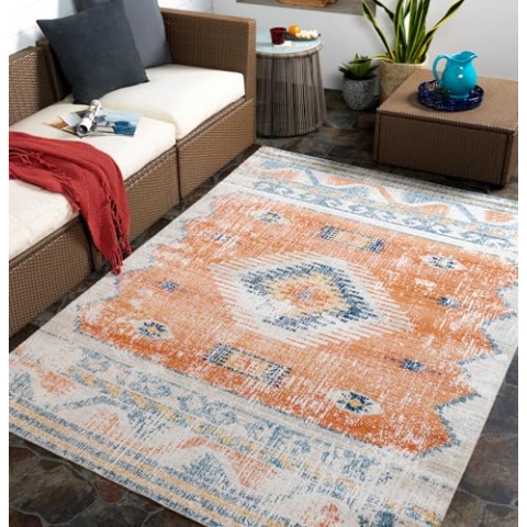 Livabliss Outdoor Teppich wetterfest, Lusaka - In und Outdoor Teppich für Balkon 120x170 cm, Terrasse, Garten, Küche - Outdoor Teppich Boho Style, Teppich für draußen - Teppich Rost und Blau