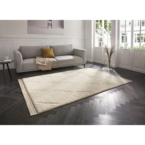 Mint Rugs Colin Teppich Hochflor Wohnzimmer-Teppich Weich Flauschig Langflor Shaggy Flokati Skandi Rauten Muster für Küche Flur oder Schlafzimmer Hoch-Tief Struktur Beige 200x290 cm