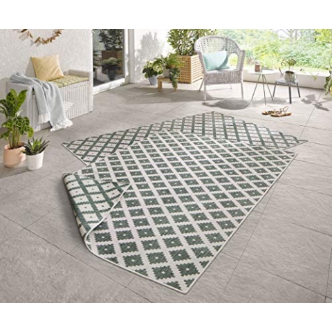 NORTHRUGS In- und Outdoor Teppich Nizza 120x170cm - Wendeteppich Wetterfest Modernes Geometrisches Muster für Balkon Terrasse Garten Wintergarten Küche Wohnzimmerteppich Wasserfest in Grün Creme
