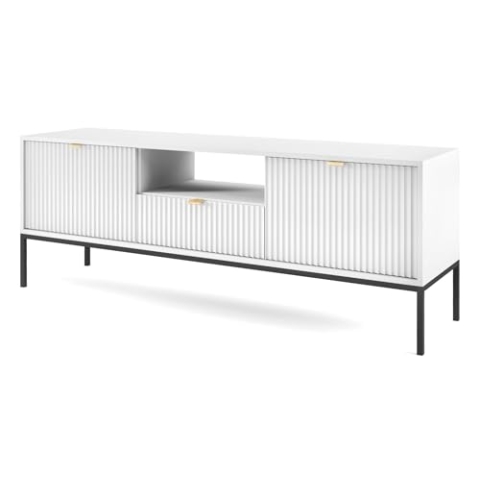 Selsey VELLORE - TV-Element Fernsehschrank - Weiß mit geriffelten Fronten und schwarzen Metallbeinen, 154 cm