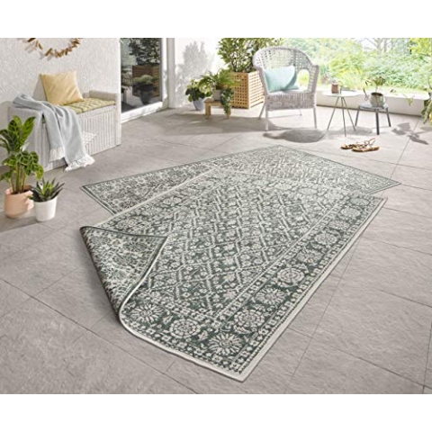 NORTHRUGS In- und Outdoor Teppich Curacao 80x150cm - Wendeteppich Wetterfest Modernes Grafisches Muster Läufer für Balkon Terrasse Garten Wintergarten Wohnzimmerteppich Wasserfest in Grün Creme