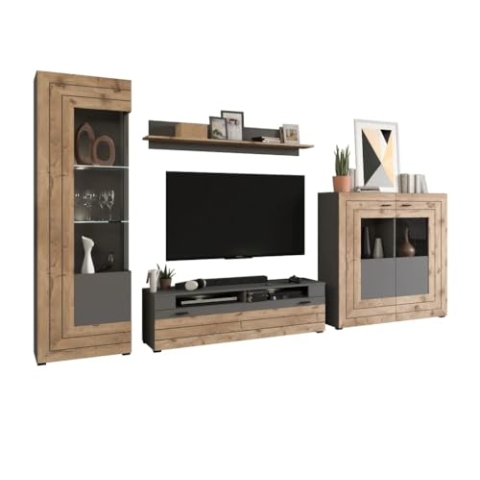 xonox.home Wohnzimmer Freno 4tlg. Set Wohnkombination Wohnwand Wohnzimmermöbel Wohnzimmerschrank Möbelkombination Wohnzimmerset in grau Nb.Absetzung Nox Oak Nb.