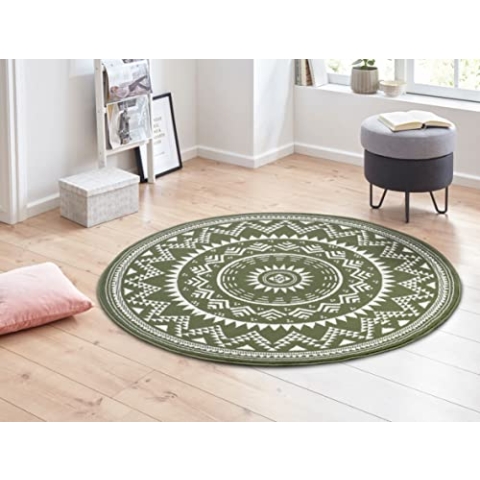 Hanse Home Teppich Valencia Rund – Mandala Teppich Kurzflor Modern Vintage Teppiche für Esszimmer, Wohnzimmer, Kinderzimmer, Flur, Schlafzimmer, Küche – Grün ø200cm