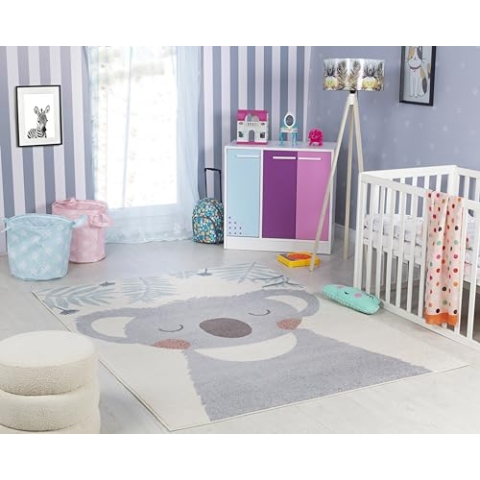 Livabliss Koala Kinderteppich - Cartoon Teppich 160x213 cm, Tier Teppich Kinderzimmer oder Babyzimmer, Krabbelteppich oder Spielteppich - Baby Teppich für Jungen & Mädchen, Elfenbein und Grau