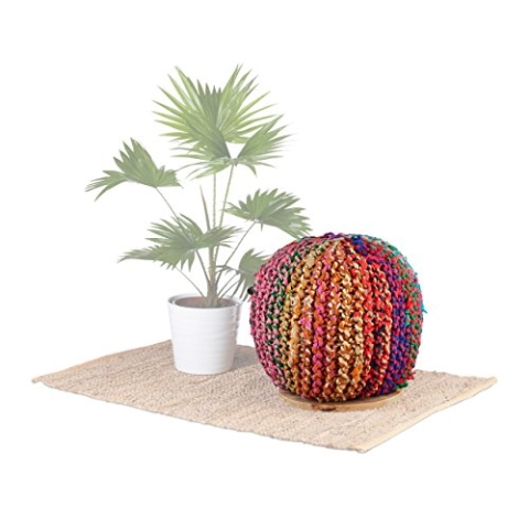 Native Home Pouf Hocker, 2 in 1, Beistelltisch & Sitzhocker, rund, Mangoholz, Strick-Design, HxBxT 40 x 40 x 40 cm, bunt