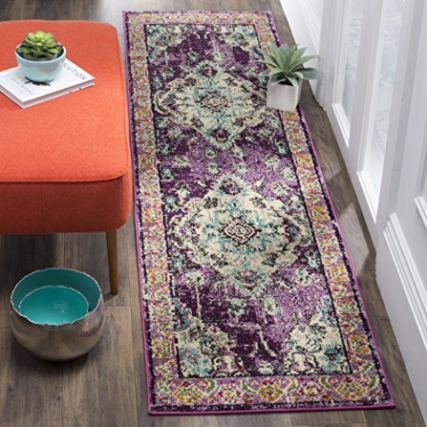 SAFAVIEH Boho Teppich für Wohnzimmer, Esszimmer, Schlafzimmer - Monaco Collection, Kurzer Flor, Violett und Hellblau, 66 X 183 cm