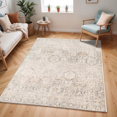 Livabliss Oran Vintage Teppich oval - Orientalischer Teppich Wohnzimmer 130x170 cm, Esszimmer, Schlafzimmer - Boho Teppich, Kurzflor Teppich für einfache Pflege - Muster Teppich in Beige und Grau