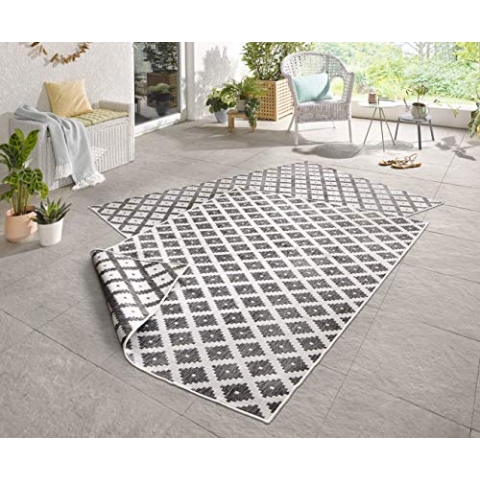 NORTHRUGS In- und Outdoor Teppich Nizza 80x150cm - Wendeteppich Wetterfest Modernes Geometrisches Muster Läufer für Balkon Terrasse Garten Wintergarten Wohnzimmerteppich Wasserfest in Grau Creme