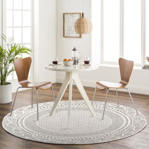 Livabliss Monaco Teppich Wohnzimmer Boho, Rund großer Teppich Schlafzimmer 160 cm - Teppich für Esszimmer mit geometrischem Muster, Skandinavischer Wohnzimmerteppich modern in Beige, Holzkohle Grau