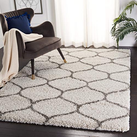 SAFAVIEH Zottelig Teppich für Wohnzimmer, Esszimmer, Schlafzimmer - Hudson Shag Collection, Hoher Flor, Elfenbein und Grau, 122 X 183 cm