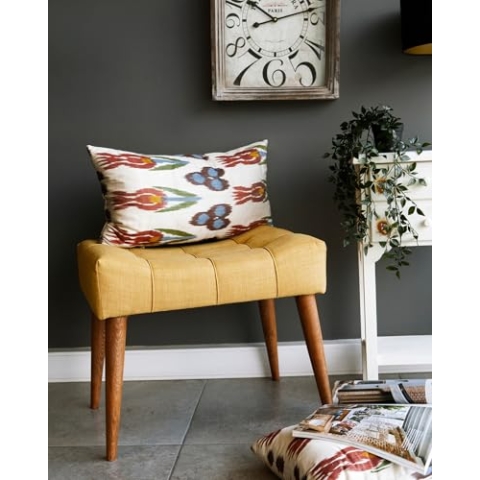 Atelier Del Sofa Modern Yellow Pouffe with Solid Wood Frame, 100% Polyester Fabric, 32 DNS Foam, 58x45x40 cm | Easy Clean, Stylish for Home & Hotel Decor