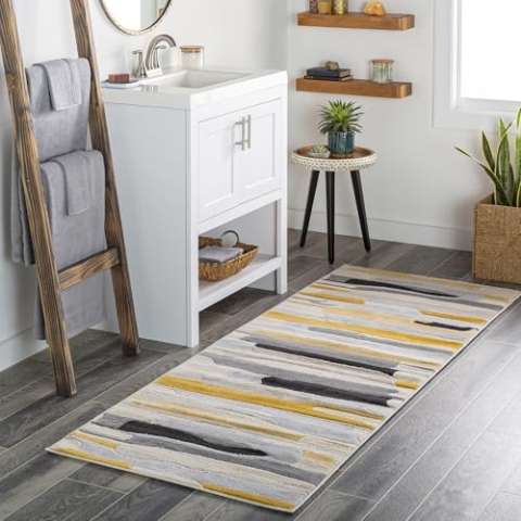Livabliss Atlanta Boho Teppich für Wohnzimmer und Schlafzimmer - 80x220 cm, Geometrisches Muster, Skandinavisch Modern in Senfgelb, Grau, Beige