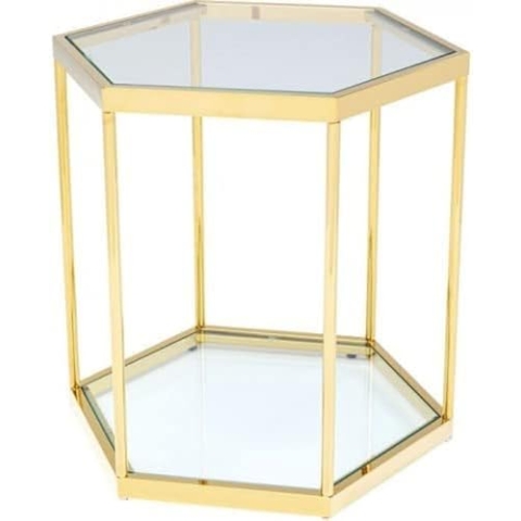 Kare Design Beistelltisch Comb, Gold, Sechseckig, Doppelte Ablagefläche, 50kg max. Belastbarkeit, ESG Sicherheitsglas, Handgearbeitet, Couchtisch, Abstelltisch, Modernes Design, 55x55x48cm (H/B/T)