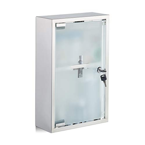 Relaxdays, silber Medizinschrank Edelstahl, Glastür, 2 Fächer, abschließbar, Arzneischrank, glänzend, HBT: 40x25x11cm