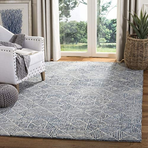 SAFAVIEH Zeitgenössische Teppich für Wohnzimmer, Esszimmer, Schlafzimmer - Abstract Collection, Kurzer Flor, Blau und Elfenbein, 152 X 229 cm