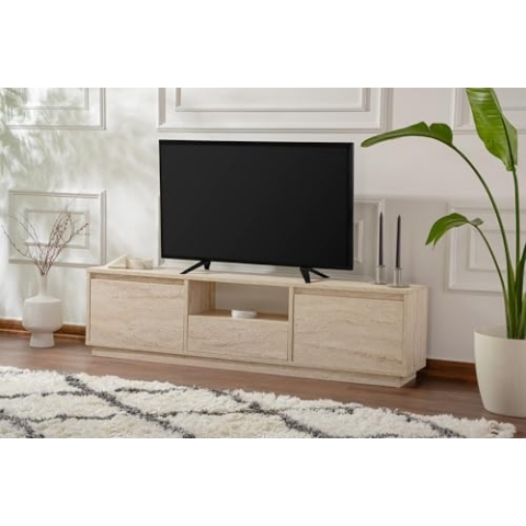 Stylish and Sturdy TV Stand, Travertine, 160 x 42 x 18 | Made from 100% Melamine Coated Particle Board, Thickness:18 mm | Perfect for Modern Home Office & Study Spaces, Elegant and Functional Design