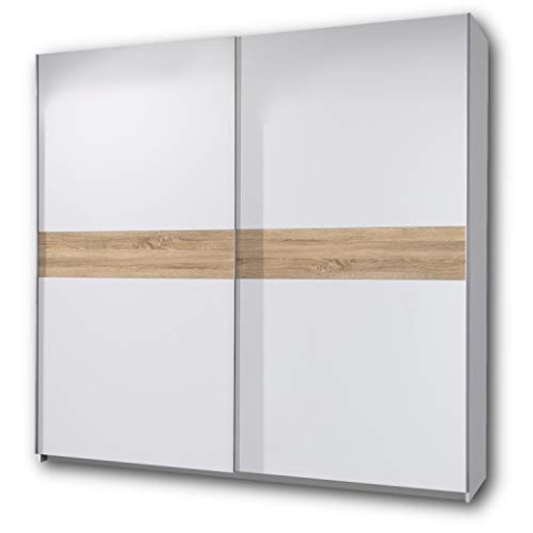 PULS Eleganter Kleiderschrank mit viel Stauraum - Vielseitiger Schwebetürenschrank in Weiß, Bauchbinde Sonoma Eiche - 215 x 210 x 58 cm (B/H/T)