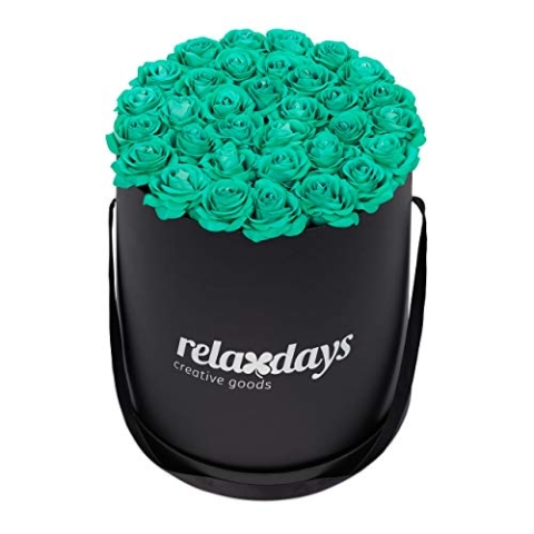 Relaxdays Rosenbox rund, 34 Rosen, stabile Flowerbox schwarz, lange haltbar, Geschenkidee, dekorative Blumenbox, türkis