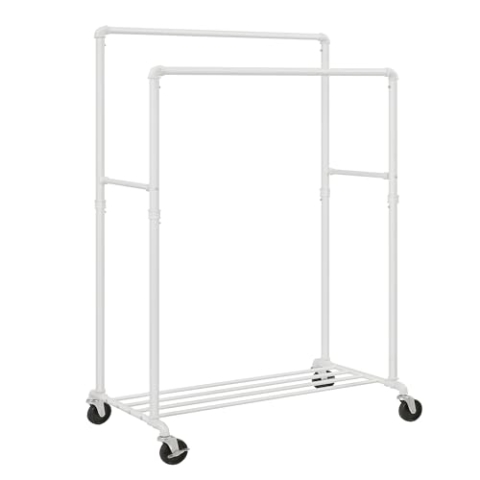 SONGMICS Kleiderständer, Kleiderstange, Garderobenständer mit 2 Kleiderstangen und Ablage, Rollen, bis 110 kg belastbar, Industrie-Design, für Schlafzimmer, Ankleidezimmer, weiß HSR060W01