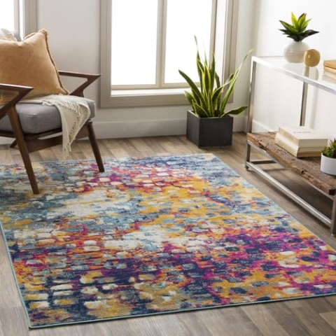 Livabliss Chlef Wohnzimmer Teppich modern – Abstrakt Design in Marmor Optik für Wohnzimmer 200x275 cm, Esszimmer, Schlafzimmer - Marmor Teppich groß, weicher Teppich Kurzflor, Fuchsie, Senfgelb, Blau