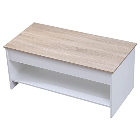 Happy Garden moderner Couchtisch mit hochklappbarer Tischplatte in Weiß und Holz Hedda. Wohnzimmertisch aus Holz mit Ablage. Rechteckiger Tisch mit Regal.