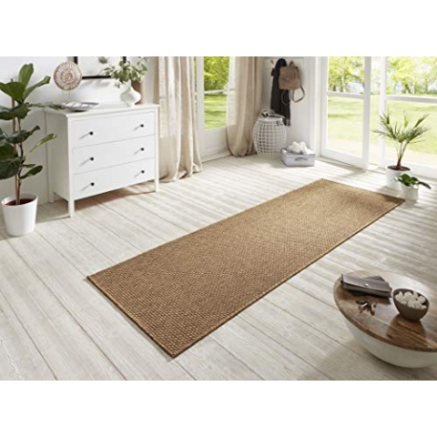 BT Carpet Nature Läufer In- und Outdoor – Schlingen Küchenläufer rutschfest Flachgewebe Kurzflor Woll-Optik Fineloop Küchenteppich für Flur, Küche, Garten, Terrasse, Badezimmer – Braun, 80x150cm