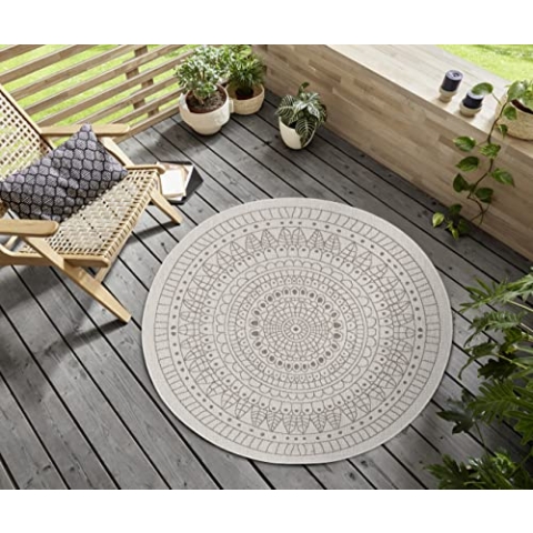 Northrugs Porto In- und Outdoor Teppich Rund – Runder Wendeteppich Wasserfest Mandala Design Flachgewebe Teppich Wetterfest für Balkon, Terrasse, Garten, Wohnzimmer in Linen, ⌀140cm