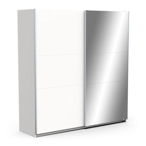 Demeyere Armoire Porte Coulissante Avec Miroir & Penderie Moderne – Coloris Blanc Mat & Finitions Métal - 194,5 x 59,9 x 203 cm