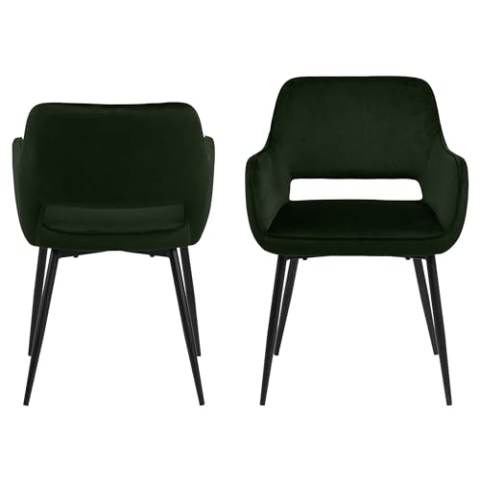 AC Design Furniture Rebecca Esszimmerstühle grün 2er-Set, fürs Esszimmer mit Armlehne, Küchenstuhl, Polsterstuhl, Sitz aus Samt mit Metallbeinen