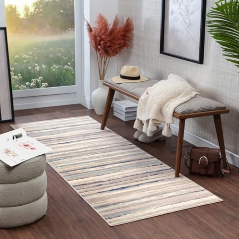 Livabliss Bruges Teppich Läufer modern – Abstrakt Design in Marmor Optik für Wohnzimmer 80x220 cm, Esszimmer, Schlafzimmer – Marmor Teppich groß, weicher Teppich Kurzflor, Grau, Elfenbein, Blau