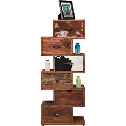 Kare Design Hochkommode Rodeo Zick Zack, kleines schmales Regal mit 6 Schubladen und Kuhfellfront, Braun (H/B/T) 120x50x30cm