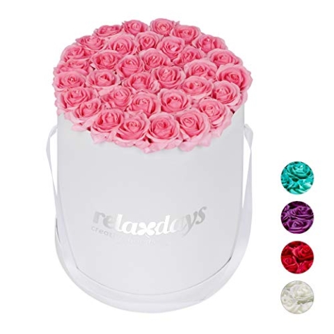 Relaxdays Rosenbox rund, 34 Rosen, stabile Flowerbox weiß, lange haltbar, Geschenkidee, dekorative Blumenbox, rosa