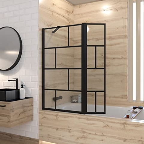 Badewannenabtrennung mit schwenkbarer Klappe – Profil schwarz matt – 130 x 104 cm (HxL) – Glas 5 mm Siebdruck