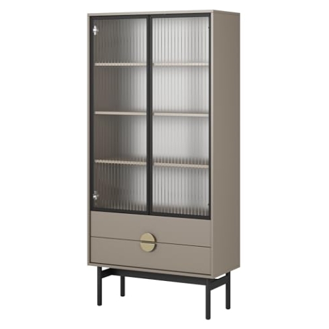 Selsey Vitrine Glas Vitrinenschrank Glasvitrine Wohnzimmer Glastür Hoch 84 cm 2 Schubladen 4 Fächer Beige Cappuccino Stoon