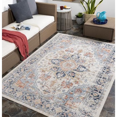 Livabliss Outdoor Teppich wetterfest, Safi - In und Outdoor Teppich für Balkon 120x170 cm, Terrasse, Garten, Küche - Outdoor Teppich Boho Style, Teppich für draußen - Teppich Blau, Rost, Beige