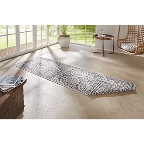 NORTHRUGS In- und Outdoor Teppich Jardin 80x250cm - Wendeteppich Wetterfest Orientalisches Vintage Design Läufer für Balkon Terrasse Garten Wintergarten Wohnzimmerteppich Wasserfest in Grau Creme