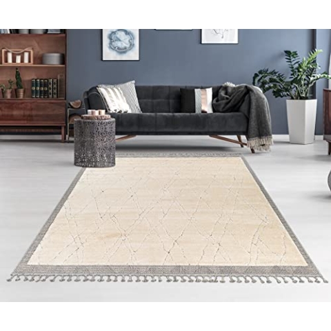 Livabliss Peoria Teppich Wohnzimmer Boho, großer Teppich Schlafzimmer 167x220 cm - Teppich für Esszimmer mit geometrischem Muster, Skandinavischer Wohnzimmerteppich modern in Beige und Grau