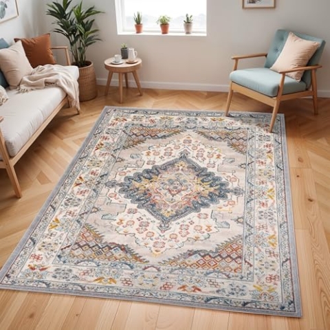 Livabliss Casablanca Vintage Teppich groß - Teppich Wohnzimmer 160x213 cm, Esszimmer, Schlafzimmer - Orientalischer Teppich Boho Style - Carpet Living Room, Bunter Muster, Taupe, Blau und Grau