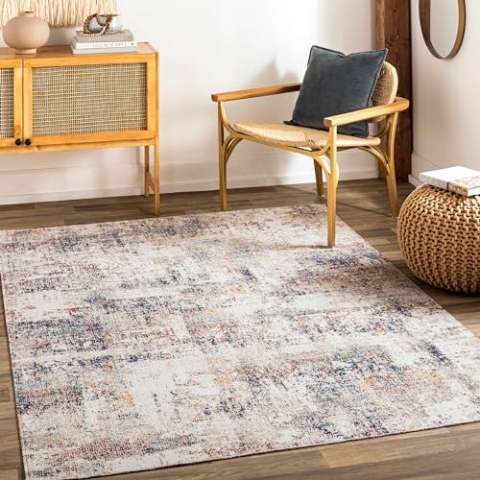 Surya Asward Wohnzimmer Teppich modern – Abstrakt Design in Marmor Optik für Wohnzimmer 200x275 cm, Esszimmer, Schlafzimmer - Marmor Teppich groß, weicher Teppich Kurzflor in Beige und Blau
